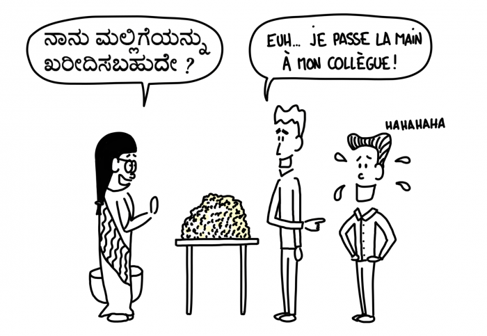 Dessin : Mi-raison aide un vendeur de jasmin à trouver des clients sur le marché de Mysore, Inde