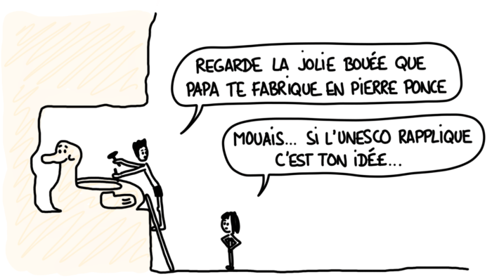 Dessin : père qui sculpte une bouée en pierre ponce pour sa fille