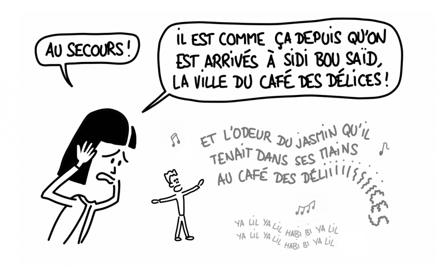 Dessin : Mi-raison chante le café des délices à tue-tête