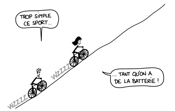 Dessin : une montée en vélo électrique, trop simple ce sport !