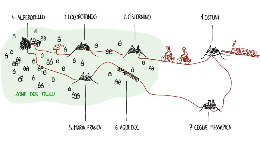 Carte de notre circuit à vélo dans les Pouilles, entre les trulli et les plus beaux villages blancs