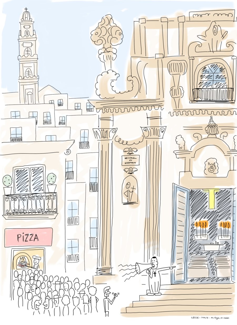 Dessin : à Lecce, la concurrence est rude entre église et pizza !