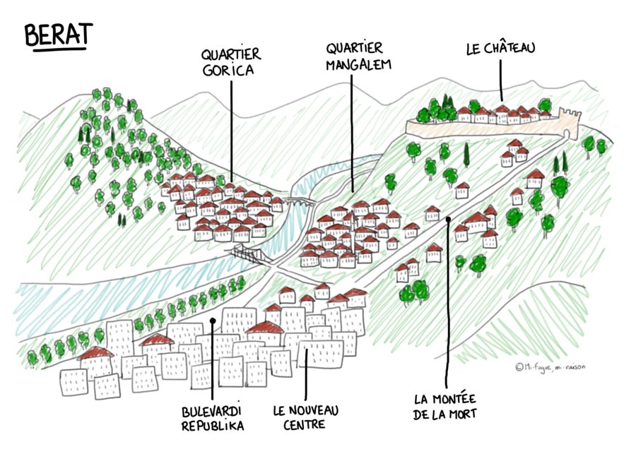 Plan de Berat en Albanie, avec les différents quartiers et le château