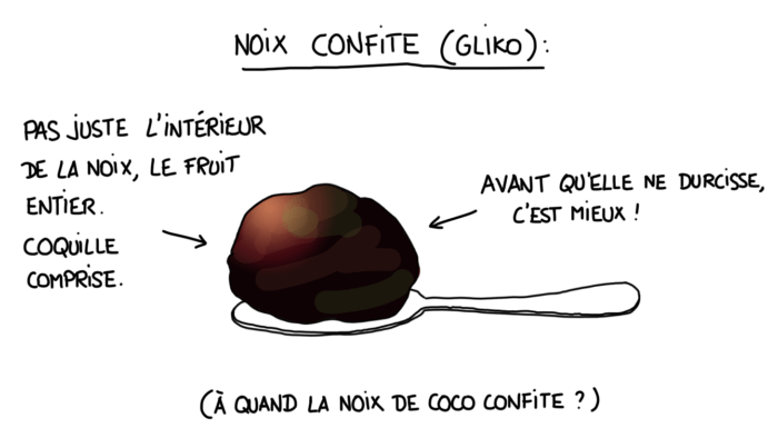 Dessin : Un gliko, ou noix confite en Albanie