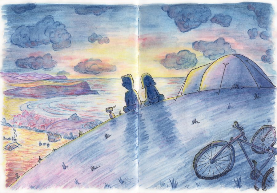 Aquarelle d'un coucher de soleil au camping, avec vue sur la mer