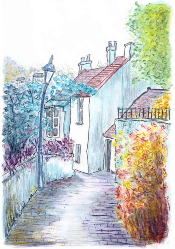 Aquarelle ruelle à Little Haven, Wales