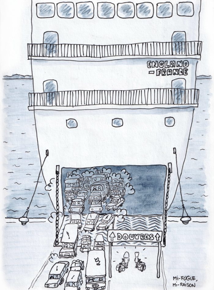 Dessin : prendre un ferry pour le Royaume uni à vélo