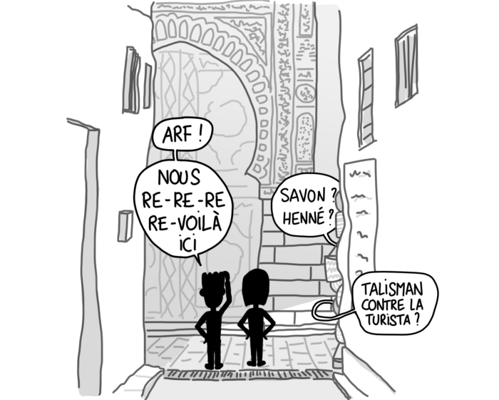 Dessin de nous deux, perdus dans la médina