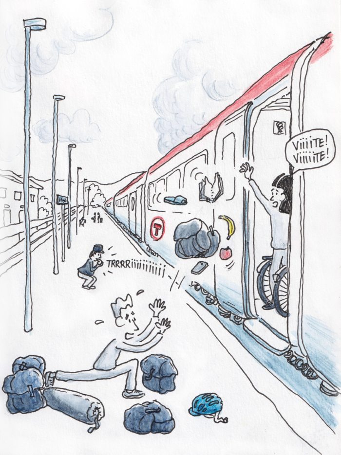 Dessin : monter dans un train avec son vélo