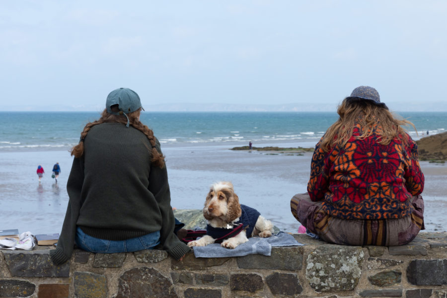 Femmes et chien face à la mer à Little Haven au Pays de Galles