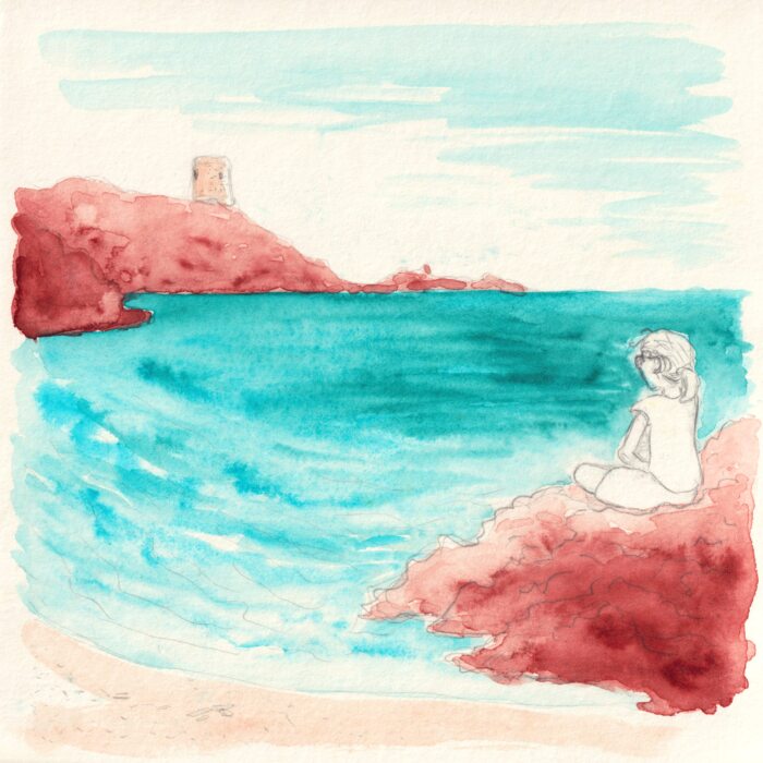 Aquarelle de la Cala Tamarells à Minorque