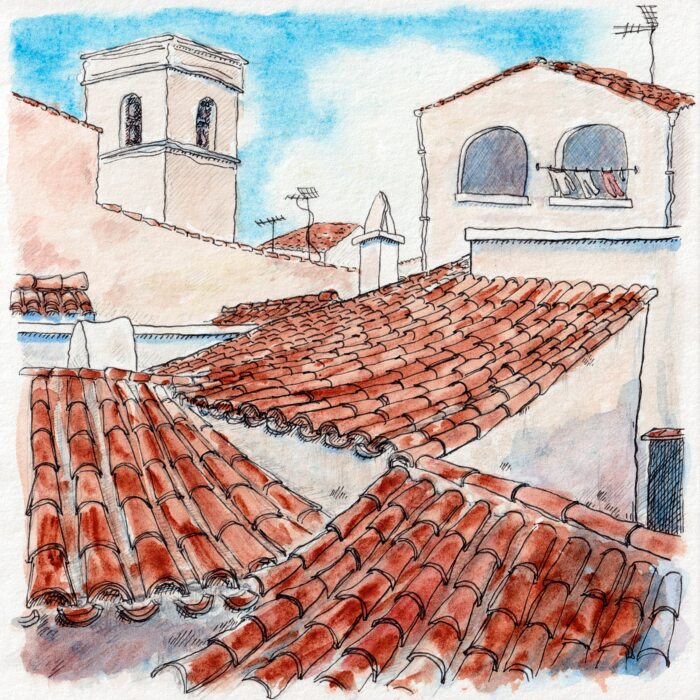 Aquarelle des toits d'Alaior, à Minorque