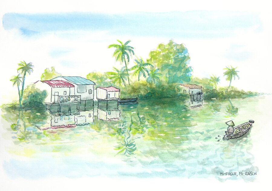Aquarelle d'un paysages du delta du Mékong