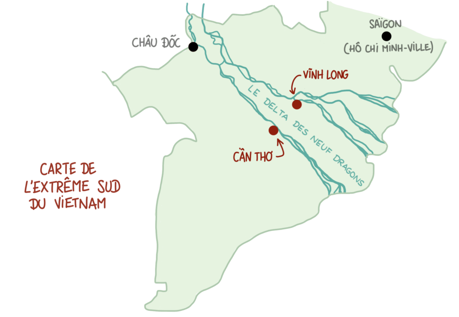 Carte du delta du Mékong avec nos étapes