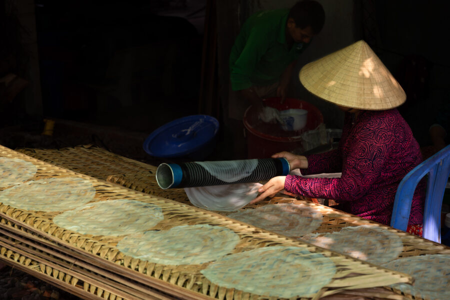 Séchage de feuilles de riz dans le Mékong à An Binh, Vietnam