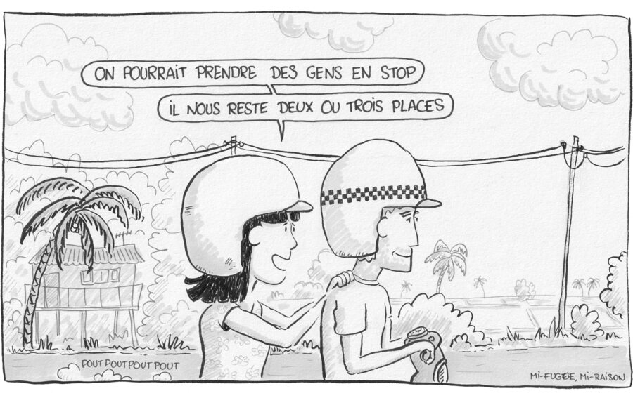 Dessin : On pourrait prendre des gens en stop, il nous reste 2 ou 3 places sur le scooter